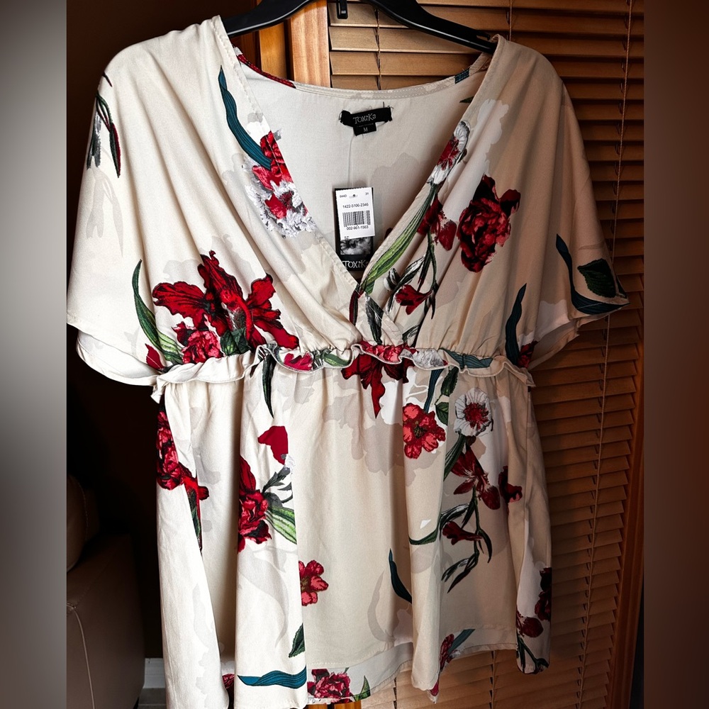 Ladies new floral short sleeve pull over v neck tunic blouse